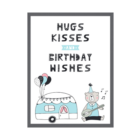 Plakat Urodzinowy Hugs kisses 30X40 cm + ramka kamienna szarość