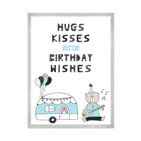 Plakat Urodzinowy Hugs kisses 21X29,7 cm + ramka srebrna